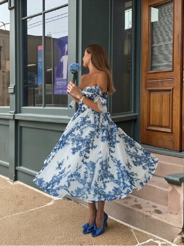A-Line/Princess Off-the-Shoulder Sleeveless Tea-Length Floral Homecoming Dresses