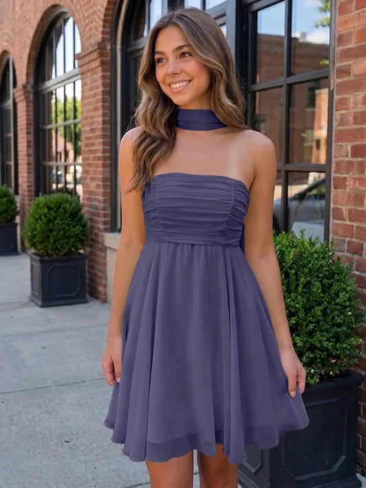 A-Line/Princess Strapless Chiffon Homecoming Dresses with Scarf Sleeveless Short/Mini Ruched