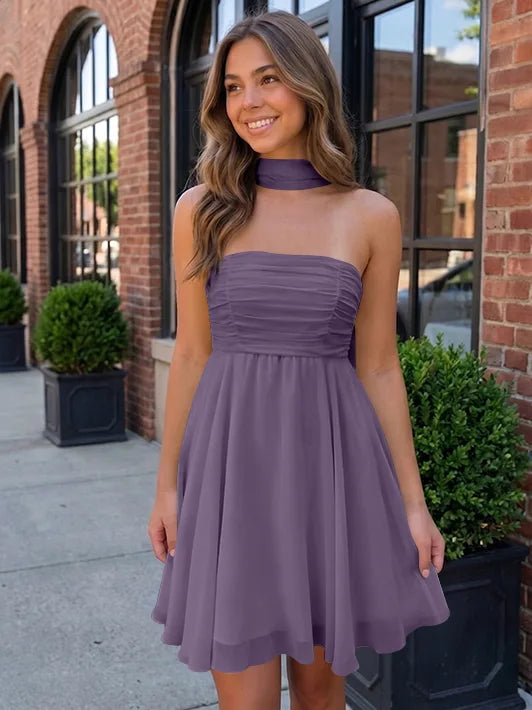 A-Line/Princess Strapless Chiffon Homecoming Dresses with Scarf Sleeveless Short/Mini Ruched