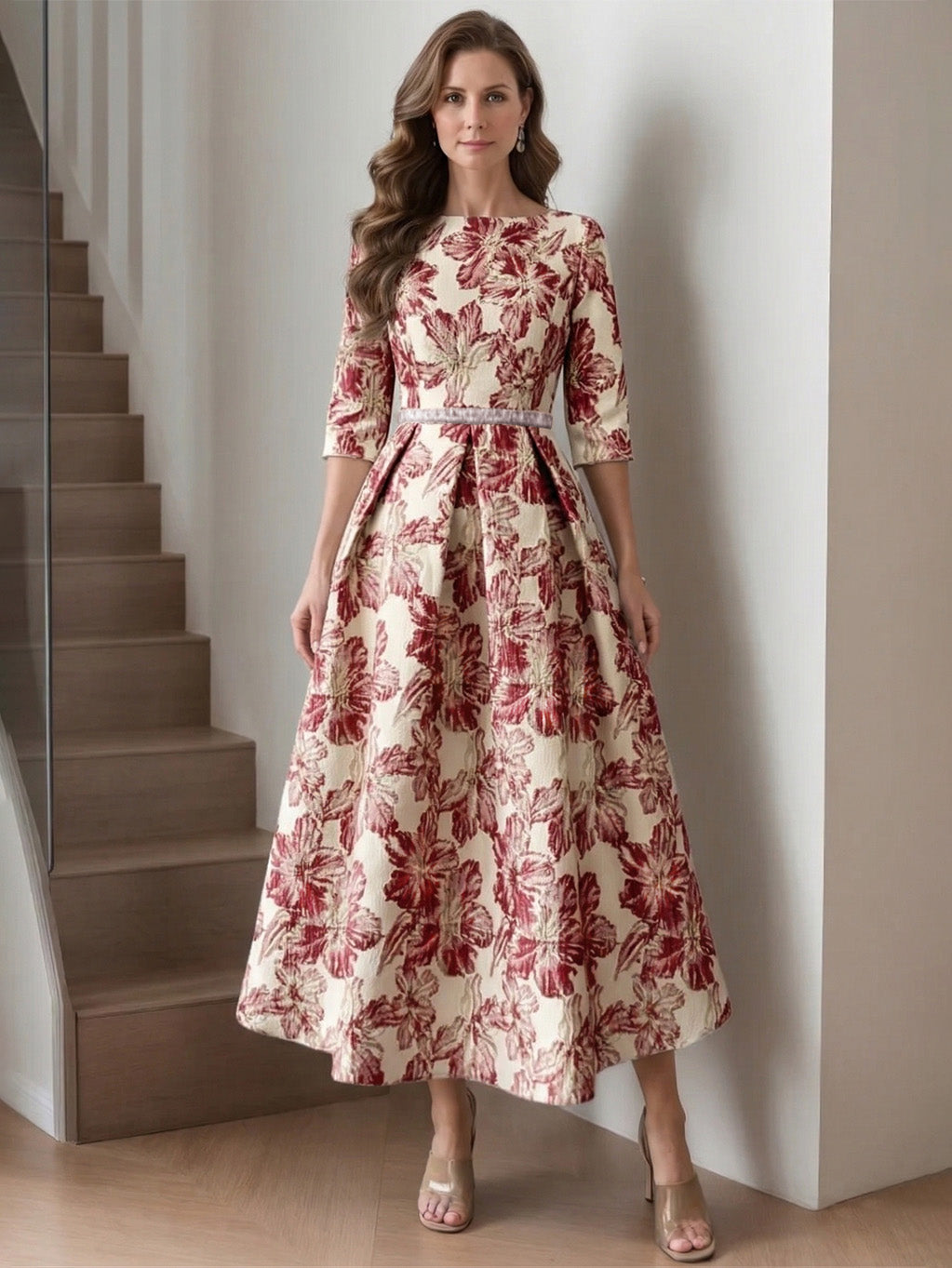 A-Line/Princess Scoop Printed Satin Mother of the Bride Dresses Half Sleeves Floral Tea-Length Sash