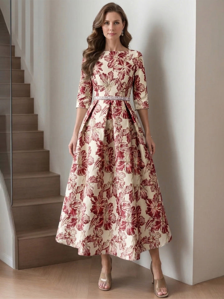 A-Line/Princess Scoop Printed Satin Mother of the Bride Dresses Half Sleeves Floral Tea-Length Sash