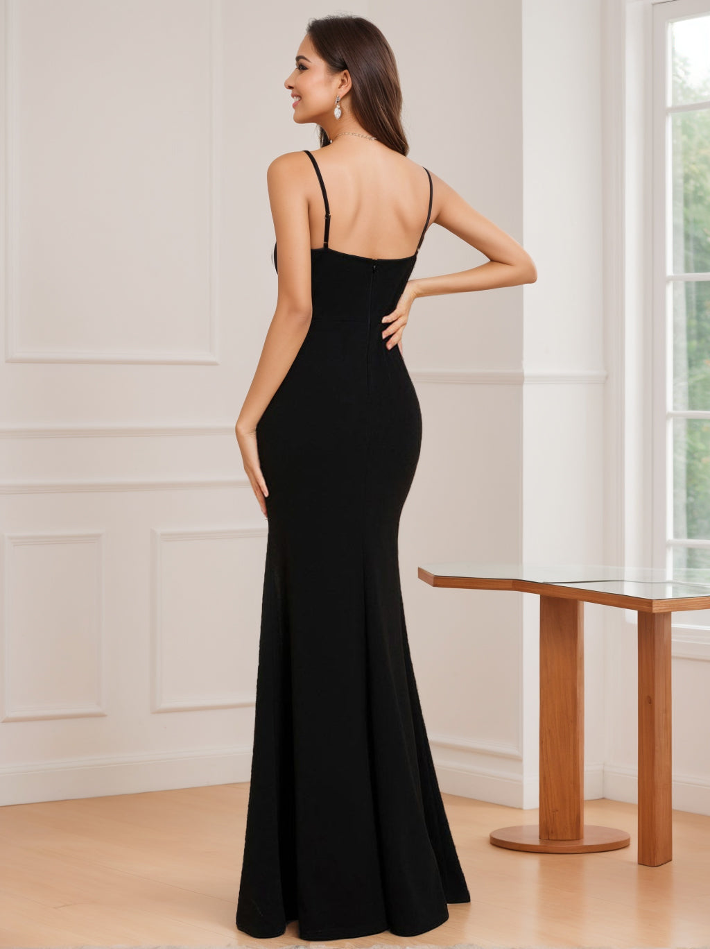 Sheath/Column Spaghetti Straps Sleeveless Floor length Evening Dresses with Rhinestone