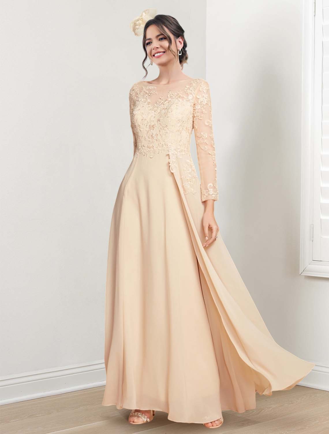 A-Line/Princess Jewel Neck 1/2 Sleeves Floor-Length Pleated Evening Dresses with Sequins & Tulle & Slit