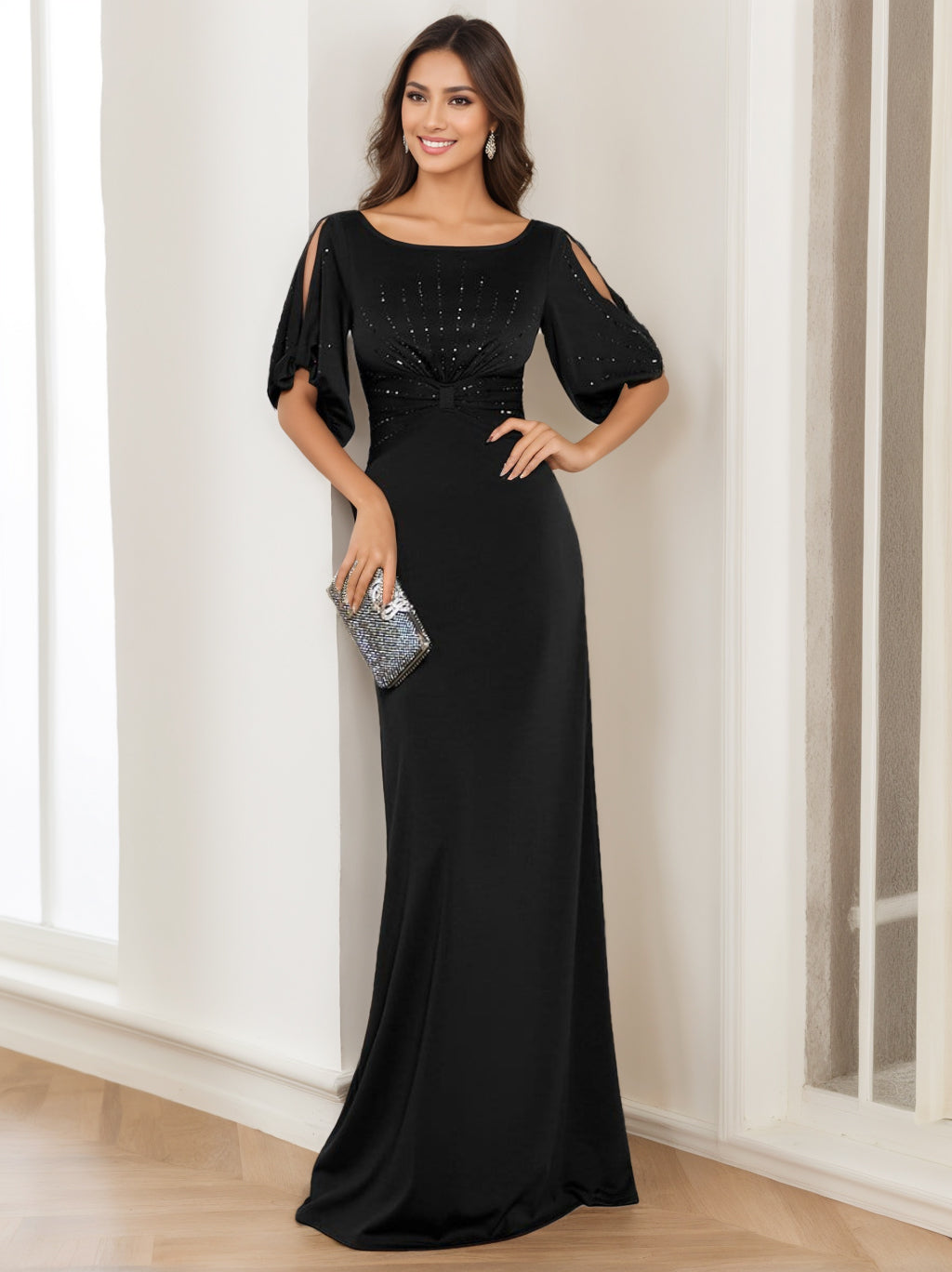 Mondressy Mother of the Bride Dresses Black Women's Sheath Round Neck Half Sleeves Floor Length Wedding Guest Party Formal Evening Gowns, Black
