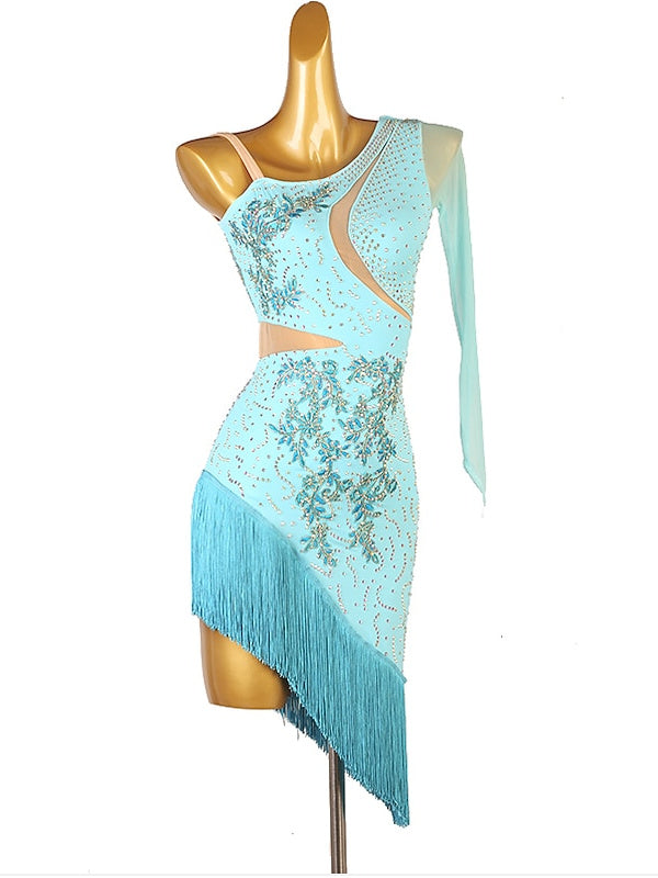 Latin Dance Dress Fringed Tassel Split Joint Crystals/Rhinestones Women‘s Performance Training Long Sleeve