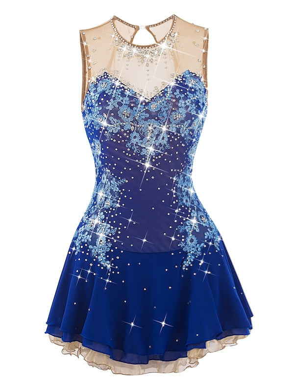 Figure Skating Dress Women's Girls' Ice Skating Dress Open Back Spandex Flower Mesh Rhinestone Sleeveless Ice Dancewear