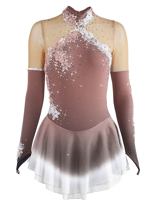 Figure Skating Dress Women's Girls' Ice Mesh Spandex High Elasticity Long Sleeve Ice Skating Dress