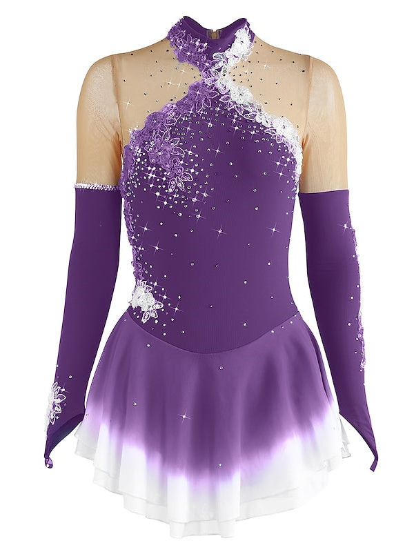 Figure Skating Dress Women's Girls' Ice Mesh Spandex High Elasticity Long Sleeve Ice Skating Dress