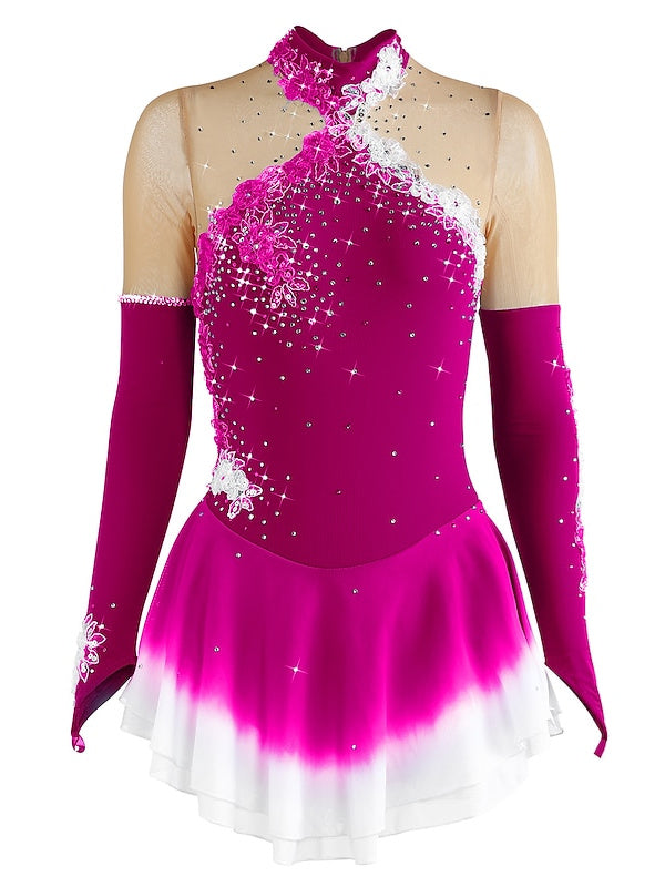 Figure Skating Dress Women's Girls' Ice Mesh Spandex High Elasticity Long Sleeve Ice Skating Dress