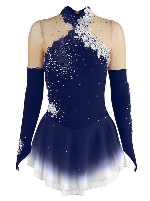 Figure Skating Dress Women's Girls' Ice Mesh Spandex High Elasticity Long Sleeve Ice Skating Dress