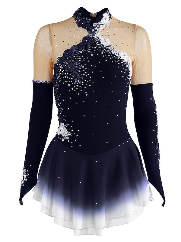 Figure Skating Dress Women's Girls' Ice Mesh Spandex High Elasticity Long Sleeve Ice Skating Dress