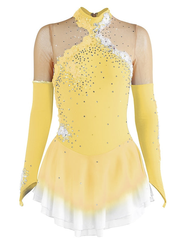 Figure Skating Dress Women's Girls' Ice Mesh Spandex High Elasticity Long Sleeve Ice Skating Dress