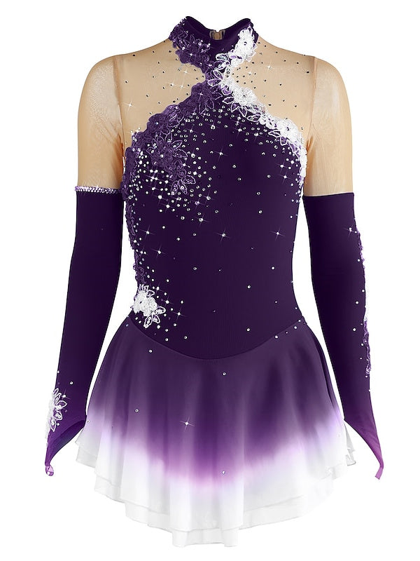 Figure Skating Dress Women's Girls' Ice Mesh Spandex High Elasticity Long Sleeve Ice Skating Dress