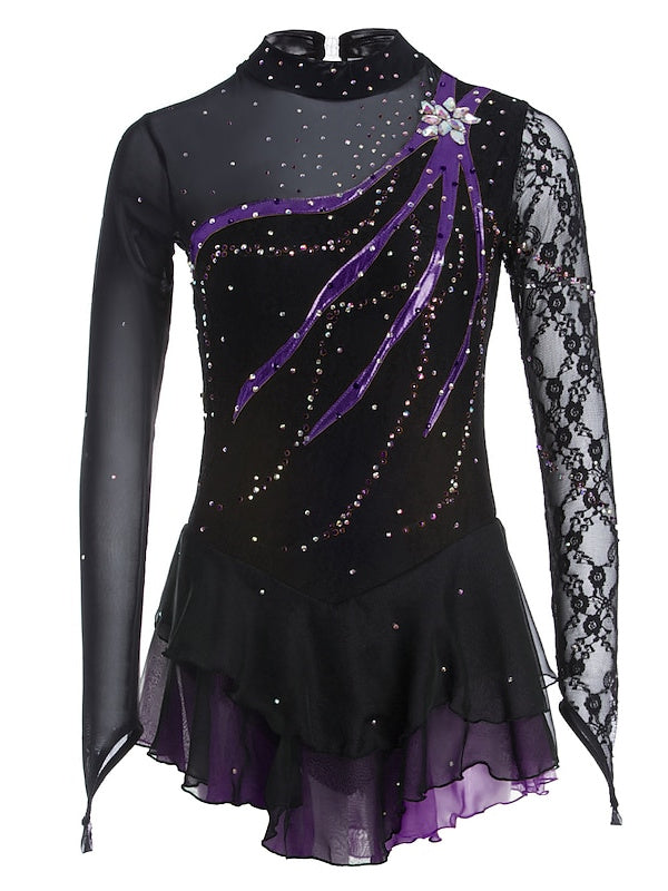 Figure Skating Dress Women's Girls' Ice Dancewear Lace Spandex Long Sleeve Ice Skating Dress