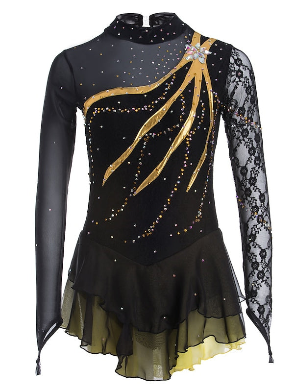 Figure Skating Dress Women's Girls' Ice Dancewear Lace Spandex Long Sleeve Ice Skating Dress