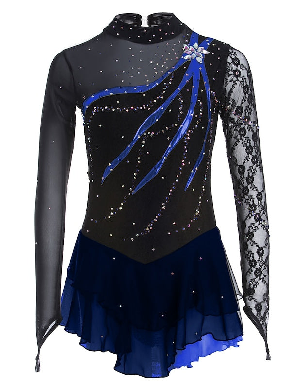 Figure Skating Dress Women's Girls' Ice Dancewear Lace Spandex Long Sleeve Ice Skating Dress