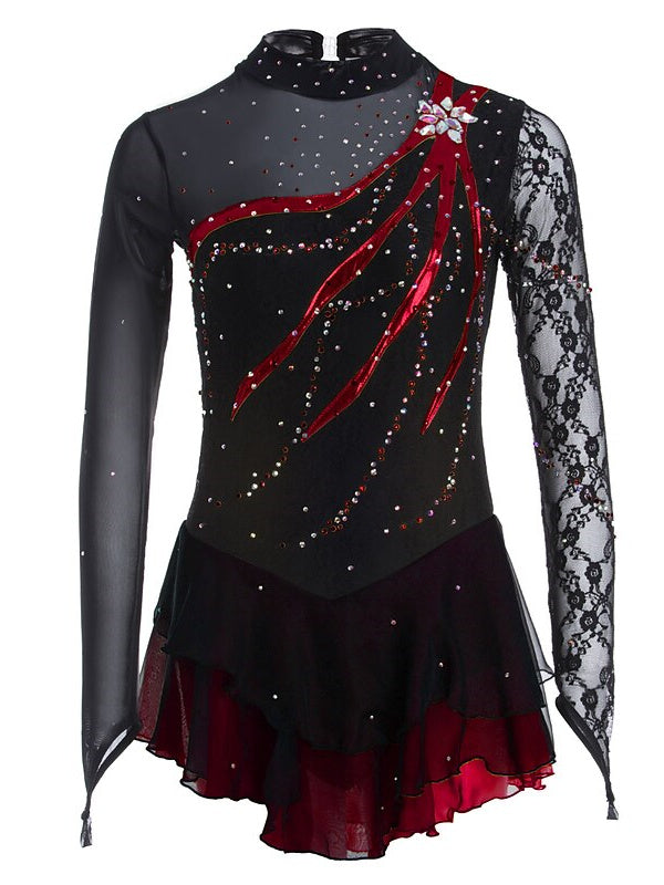 Figure Skating Dress Women's Girls' Ice Dancewear Lace Spandex Long Sleeve Ice Skating Dress