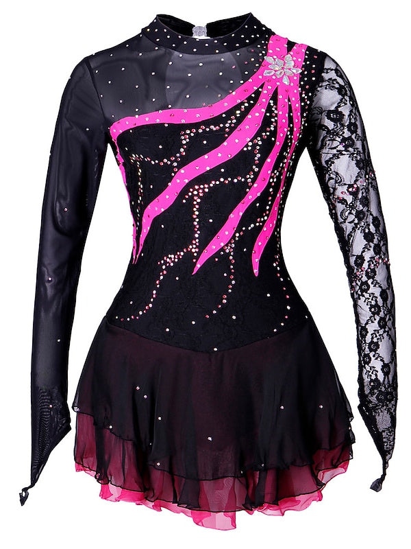 Figure Skating Dress Women's Girls' Ice Dancewear Lace Spandex Long Sleeve Ice Skating Dress