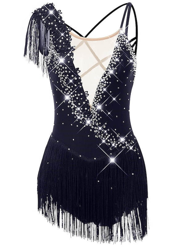 Figure Skating Dress Women's Girls' Dancewear  Asymmetric Hem Tassel Mesh Spandex Rhinestone Ice Skating Dress