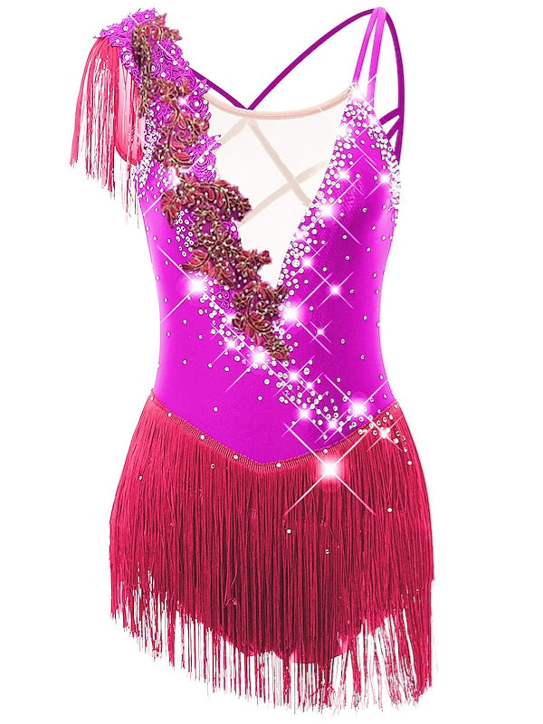 Figure Skating Dress Women's Girls' Dancewear  Asymmetric Hem Tassel Mesh Spandex Rhinestone Ice Skating Dress