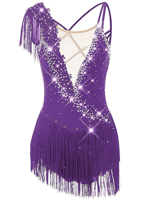 Figure Skating Dress Women's Girls' Dancewear  Asymmetric Hem Tassel Mesh Spandex Rhinestone Ice Skating Dress