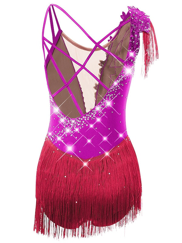 Figure Skating Dress Women's Girls' Dancewear  Asymmetric Hem Tassel Mesh Spandex Rhinestone Ice Skating Dress