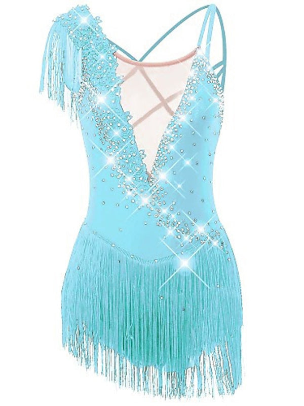 Figure Skating Dress Women's Girls' Dancewear  Asymmetric Hem Tassel Mesh Spandex Rhinestone Ice Skating Dress