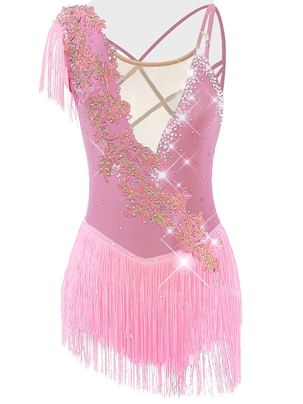 Figure Skating Dress Women's Girls' Dancewear  Asymmetric Hem Tassel Mesh Spandex Rhinestone Ice Skating Dress