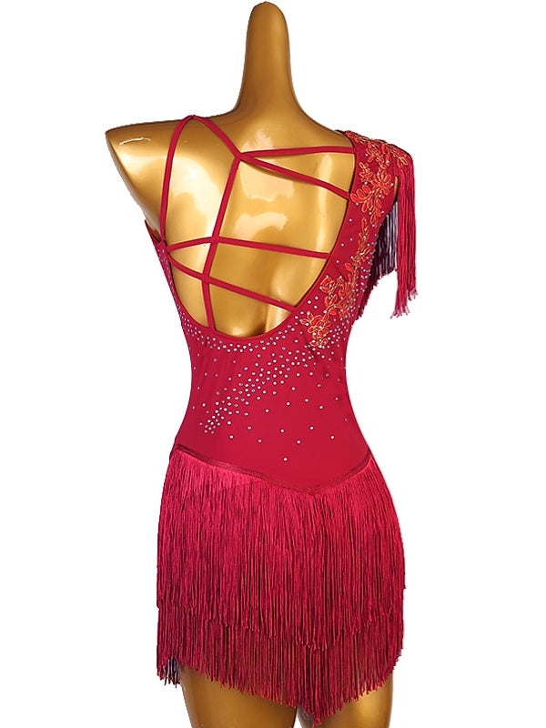 Figure Skating Dress Women's Girls' Dancewear  Asymmetric Hem Tassel Mesh Spandex Rhinestone Ice Skating Dress