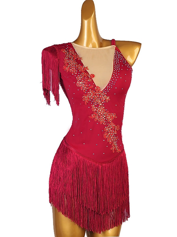 Figure Skating Dress Women's Girls' Dancewear  Asymmetric Hem Tassel Mesh Spandex Rhinestone Ice Skating Dress