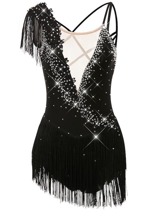 Figure Skating Dress Women's Girls' Dancewear  Asymmetric Hem Tassel Mesh Spandex Rhinestone Ice Skating Dress