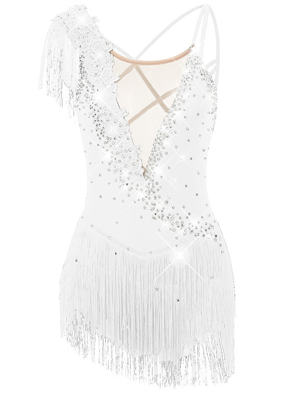 Figure Skating Dress Women's Girls' Dancewear  Asymmetric Hem Tassel Mesh Spandex Rhinestone Ice Skating Dress