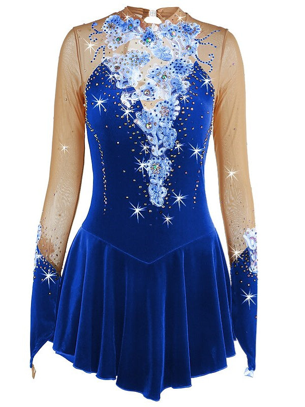 Figure Skating Dress Women's Girls' Dancewear Spandex High Elasticity Rhinestone Long Sleeve Ice Skating Dress