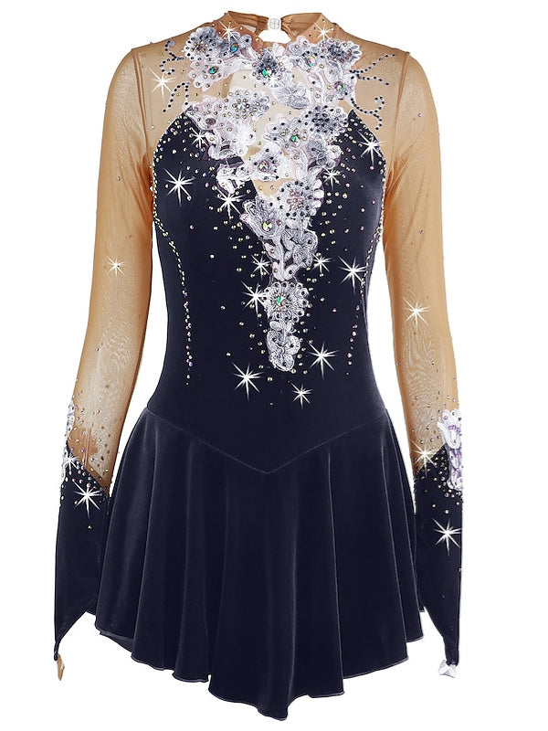 Figure Skating Dress Women's Girls' Dancewear Spandex High Elasticity Rhinestone Long Sleeve Ice Skating Dress