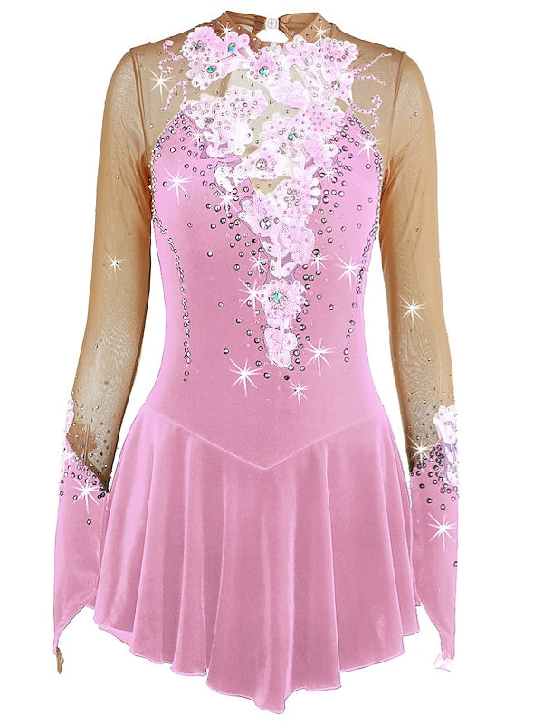 Figure Skating Dress Women's Girls' Dancewear Spandex High Elasticity Rhinestone Long Sleeve Ice Skating Dress