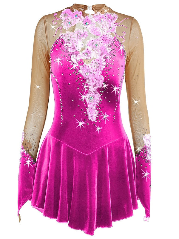 Figure Skating Dress Women's Girls' Dancewear Spandex High Elasticity Rhinestone Long Sleeve Ice Skating Dress