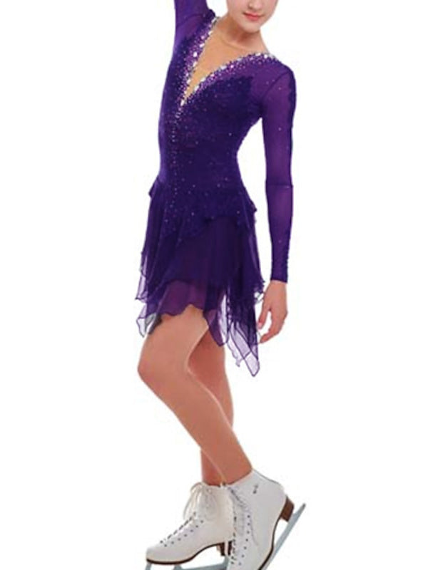 Figure Skating Dress Women's Girls' Ice Mesh Spandex High Elasticity Crystal/Rhinestone Long Sleeve Ice Skating Dress