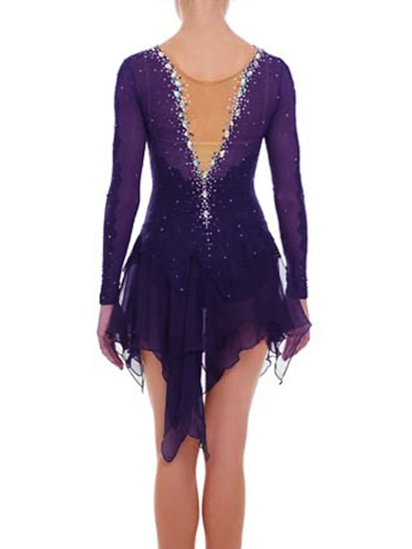 Figure Skating Dress Women's Girls' Ice Mesh Spandex High Elasticity Crystal/Rhinestone Long Sleeve Ice Skating Dress