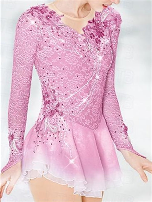 Figure Skating Dress Women's Girls' Ice Patchwork Mesh Spandex Lace High Elasticity Long Sleeve Ice Skating Dress