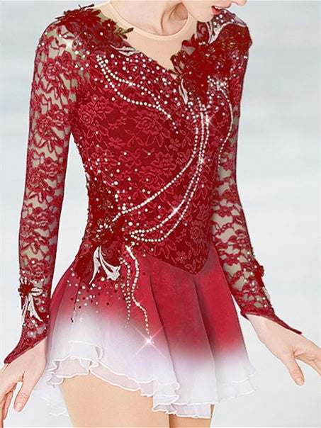 Figure Skating Dress Women's Girls' Ice Patchwork Mesh Spandex Lace High Elasticity Long Sleeve Ice Skating Dress