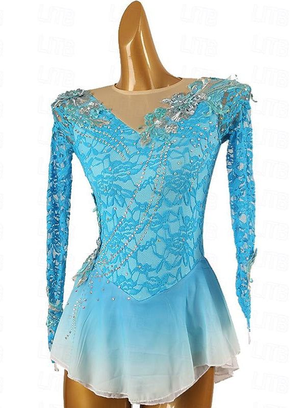 Figure Skating Dress Women's Girls' Ice Patchwork Mesh Spandex Lace High Elasticity Long Sleeve Ice Skating Dress