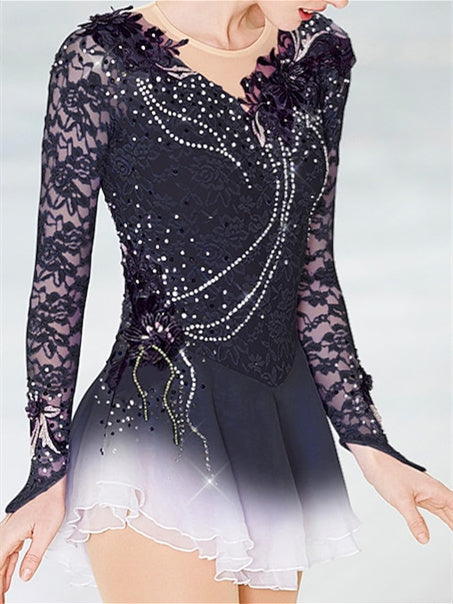 Figure Skating Dress Women's Girls' Ice Patchwork Mesh Spandex Lace High Elasticity Long Sleeve Ice Skating Dress