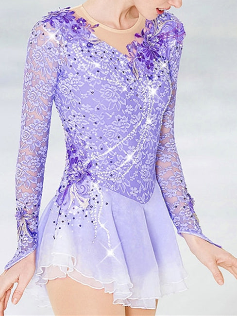 Figure Skating Dress Women's Girls' Ice Patchwork Mesh Spandex Lace High Elasticity Long Sleeve Ice Skating Dress