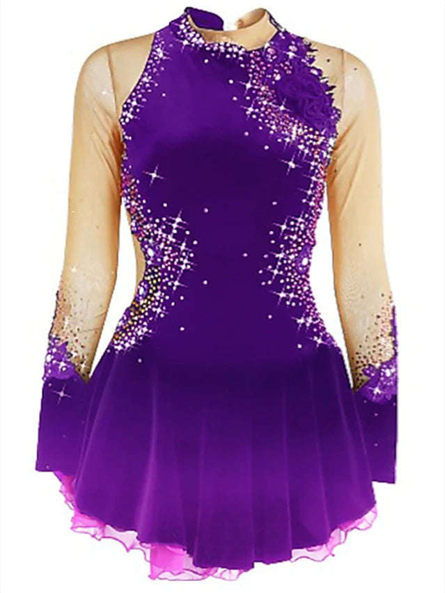 Figure Skating Dress Women's Girls' Ice Dancewear Mesh Spandex Velvet High Elasticity Rhinestone Ice Skating Dress