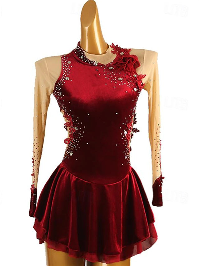 Figure Skating Dress Women's Girls' Ice Dancewear Mesh Spandex Velvet High Elasticity Rhinestone Ice Skating Dress