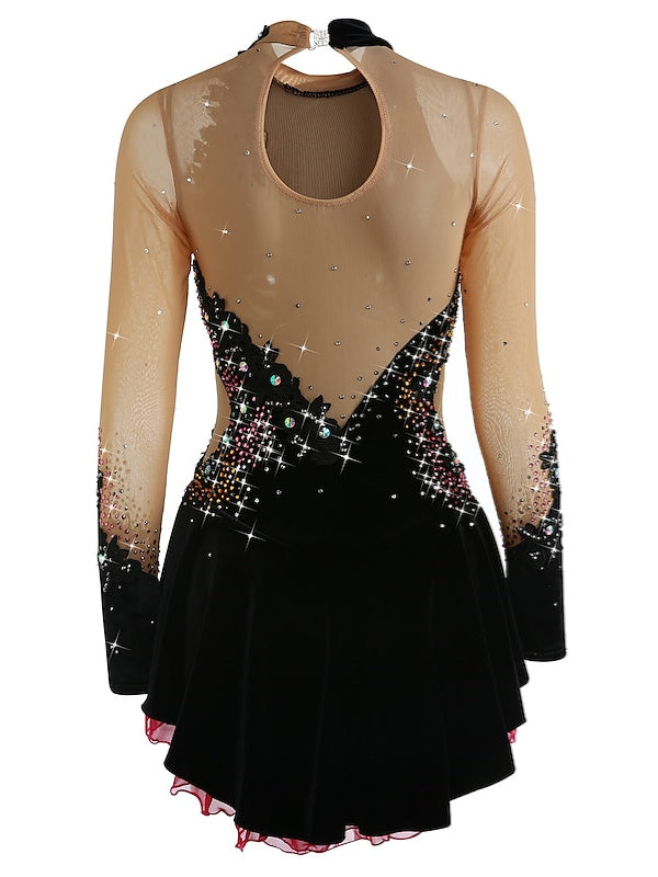 Figure Skating Dress Women's Girls' Ice Dancewear Mesh Spandex Velvet High Elasticity Rhinestone Ice Skating Dress