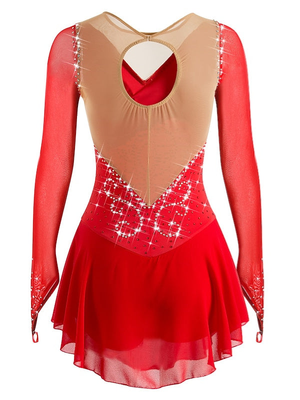 Figure Skating Dress Women's Girls' Ice  Mesh Spandex High Elasticity Rhinestone Long Sleeve Ice Skating Dress