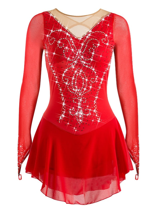 Figure Skating Dress Women's Girls' Ice  Mesh Spandex High Elasticity Rhinestone Long Sleeve Ice Skating Dress