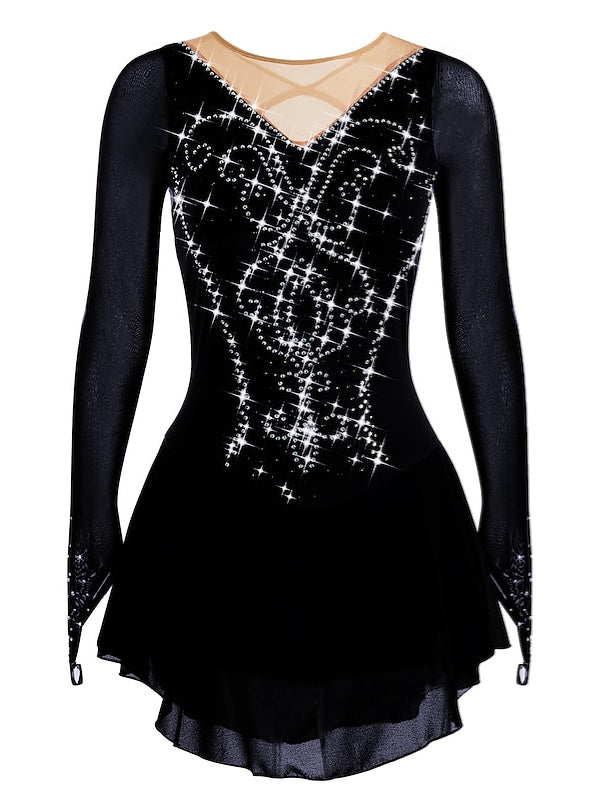 Figure Skating Dress Women's Girls' Ice  Mesh Spandex High Elasticity Rhinestone Long Sleeve Ice Skating Dress