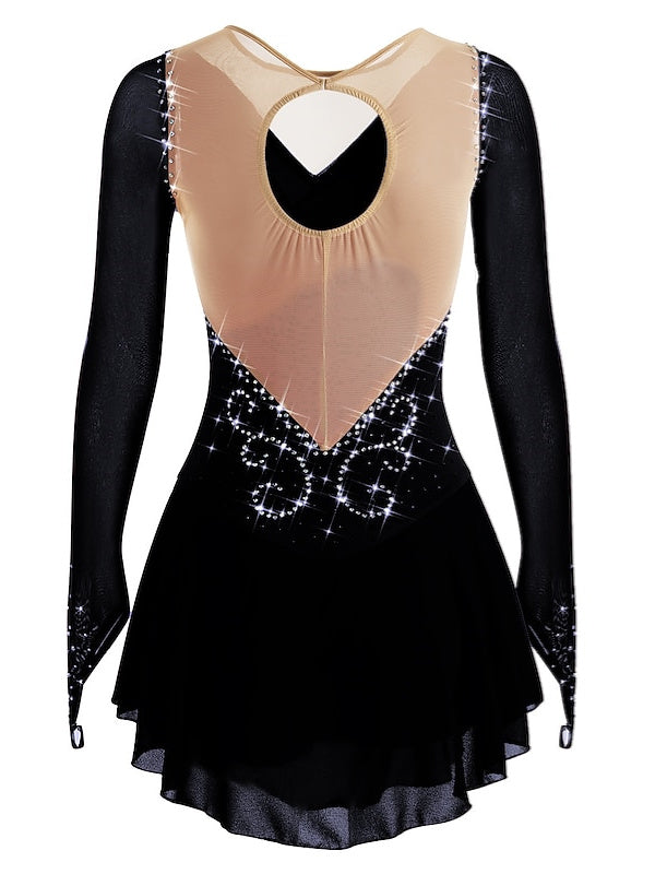 Figure Skating Dress Women's Girls' Ice  Mesh Spandex High Elasticity Rhinestone Long Sleeve Ice Skating Dress